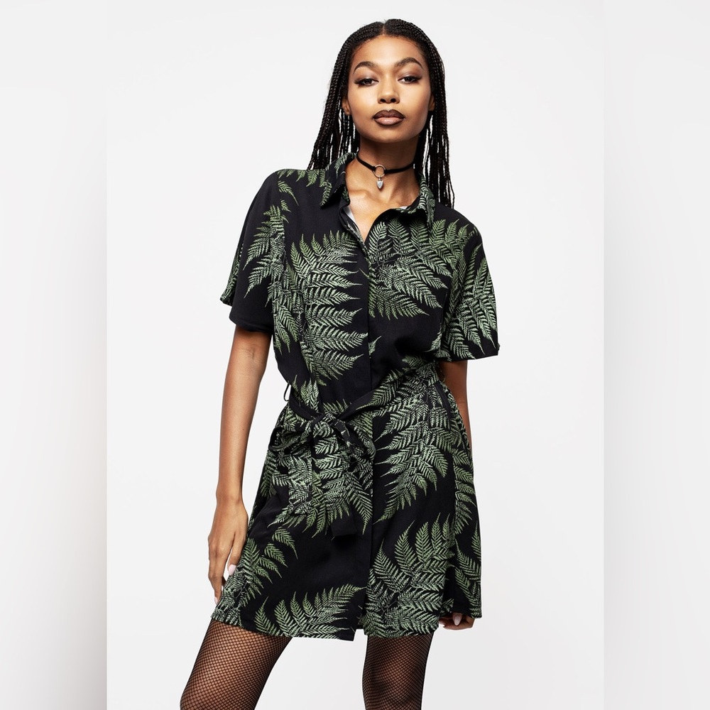 Disturbia Black Mini Dress with Green Fern Motif
